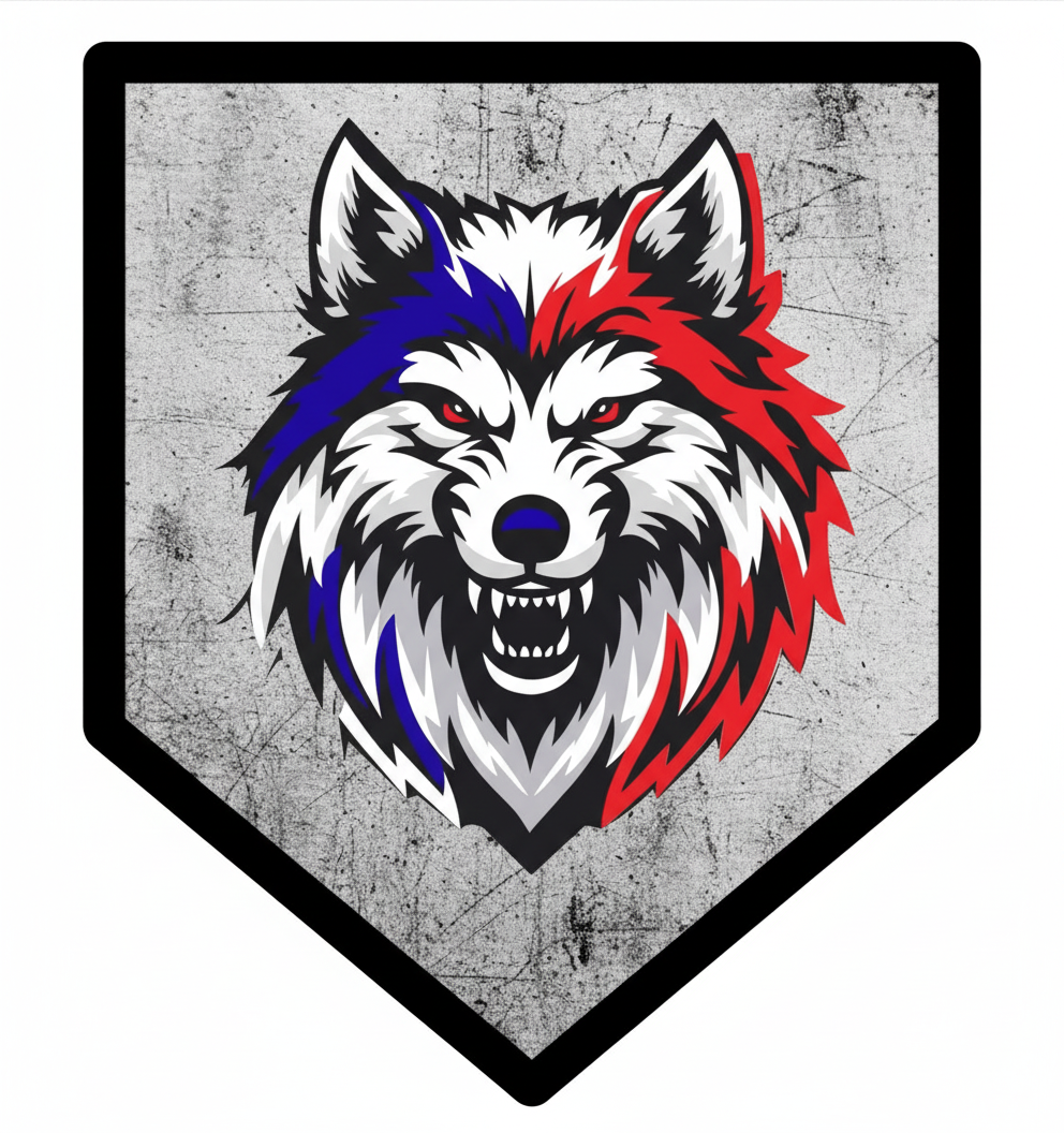 Illustration of a fierce wolf's head with red, white, and blue fur, snarling with bared teeth, inside a shield-shaped frame with a textured gray background.