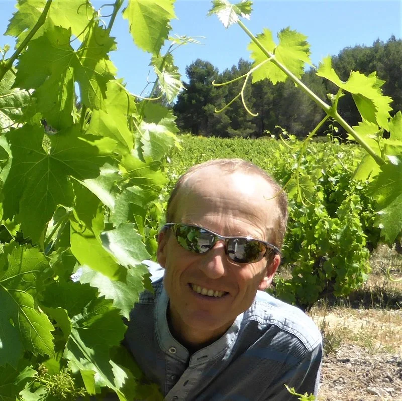 Author Colin Duncan Taylor exploring a vineyard in the Minervois.