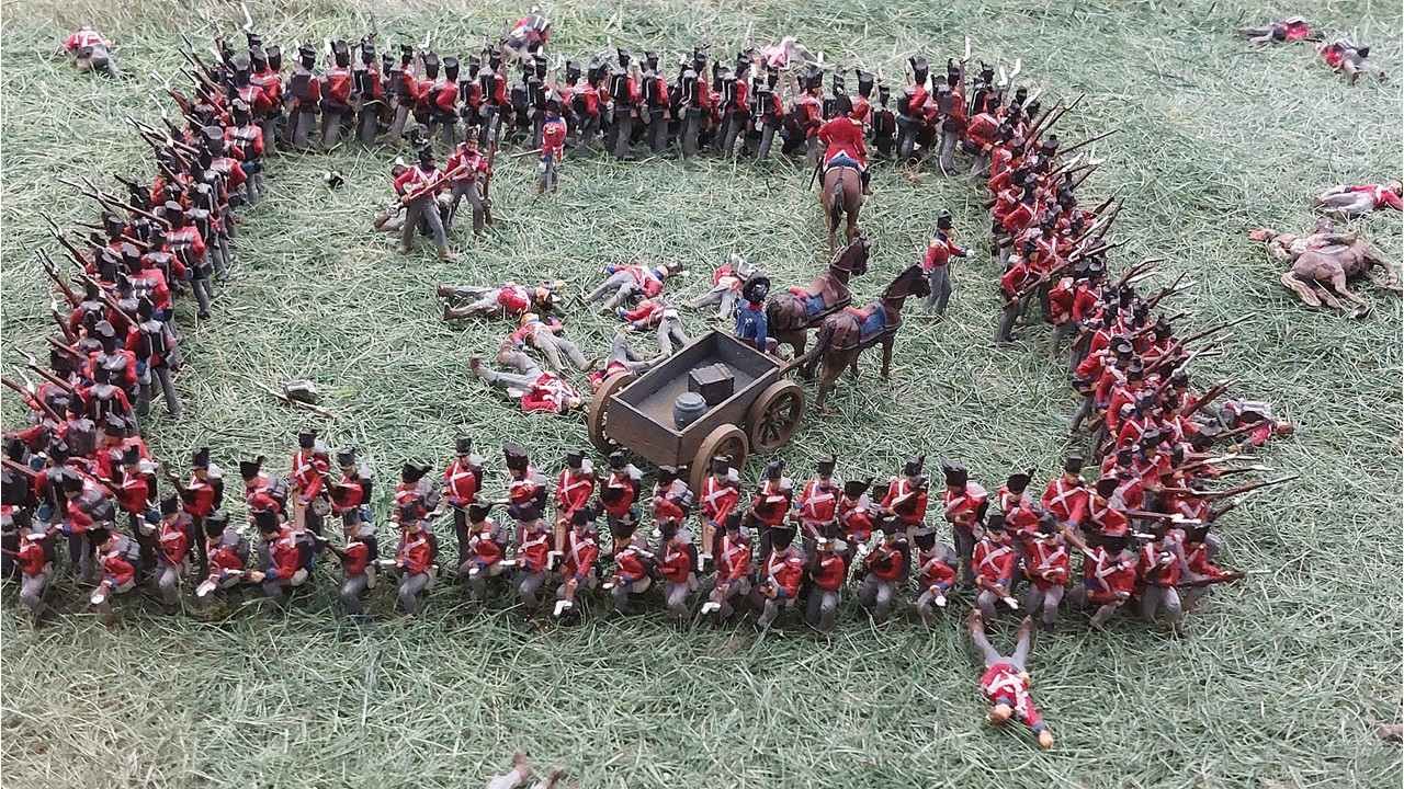 Toy British soldiers form a square during the Battle of Waterloo.