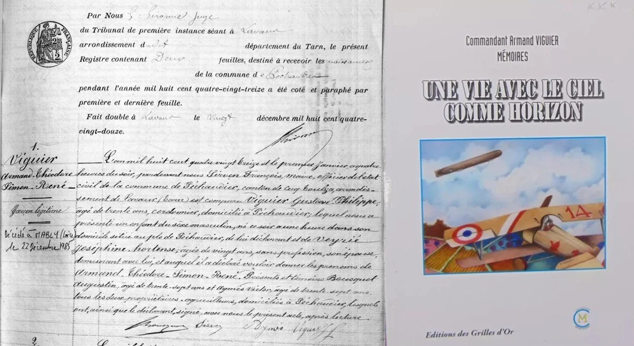 Birth certificated of Commandant Armand Viguier and the cover of his memoirs.
