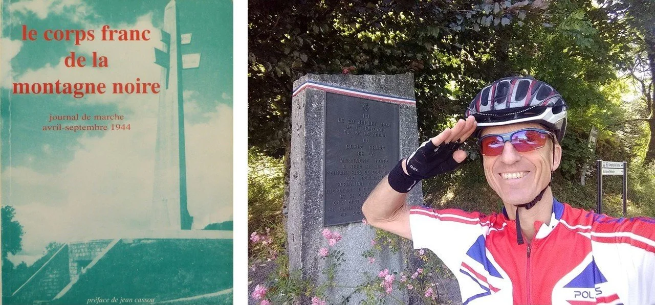 Author Colin Duncan Taylor gives a salute in front of the memorial to the French Resistance at Les Escudies in the Montagne Noire.