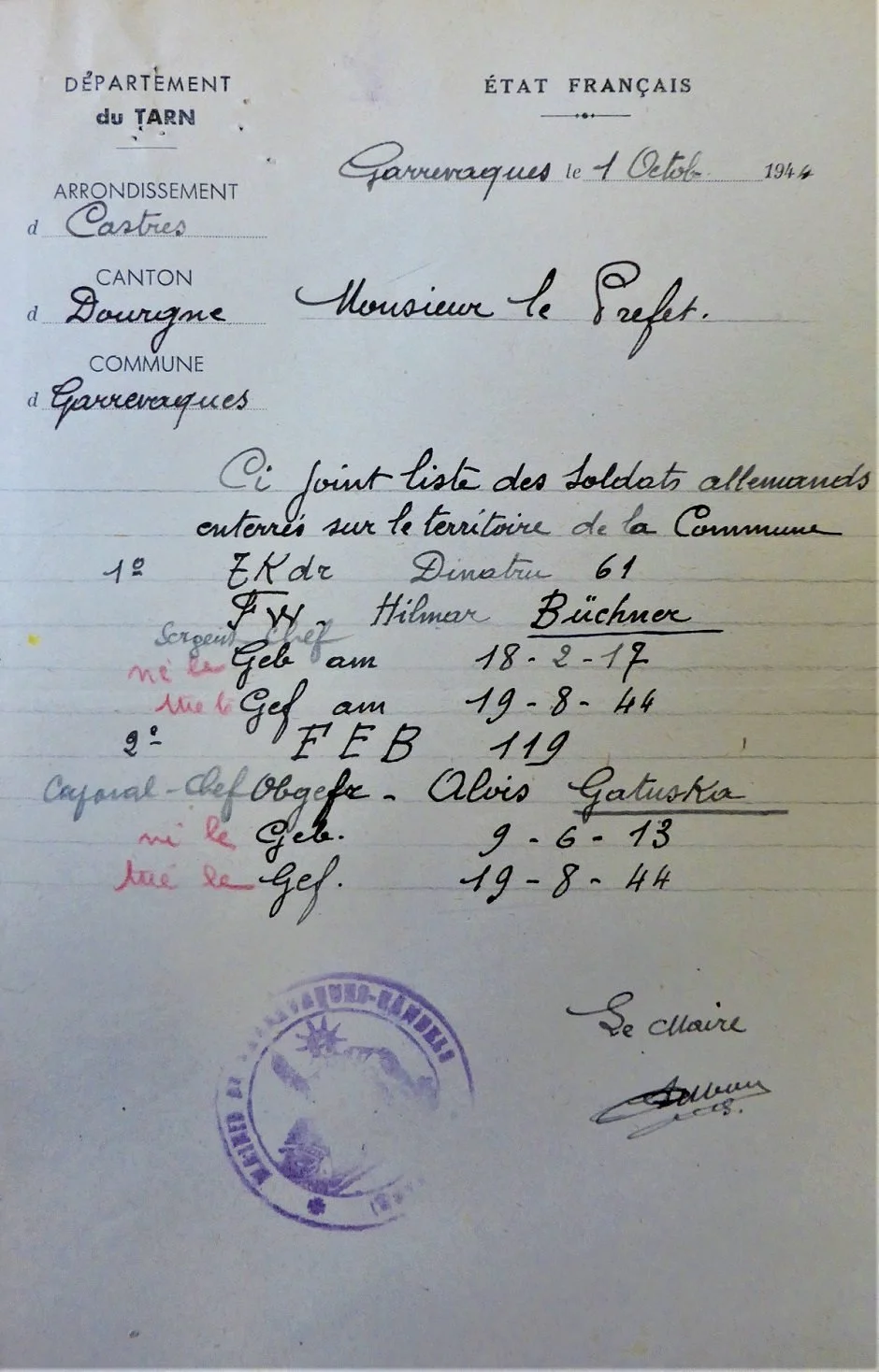 A handwritten report by the mayor of Garrevaques in 1945 giving details of two dead German soldiers buried in his commune.