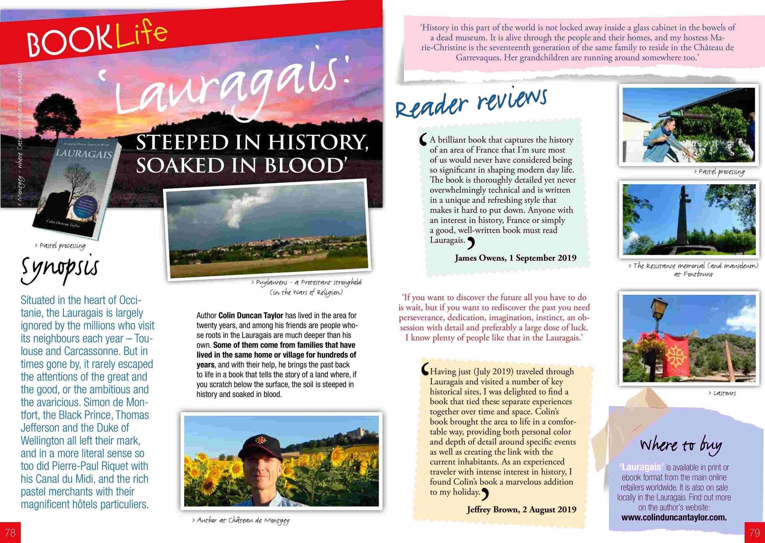 Page of a book magazine featuring a book titled 'Lauragais', with a scenic photo of countryside, stormy weather, and illustrations of a memorial and a person in a sunflower field.