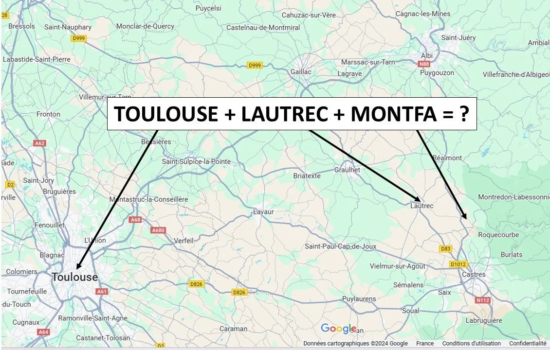 Map of the three places featured in the family name of the artist Henri Marie Raymond de Toulouse-Lautrec-Montfa.