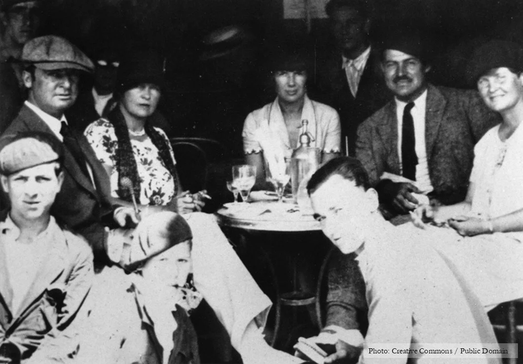 Outside the Cafe Iruña, Pamplona, in 1926. Hemingway and his first wife, Hadley, are on the right hand side of the picture.