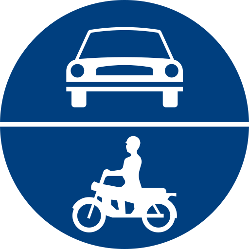 Traffic sign indicating separated lanes for cars and motorcycles.