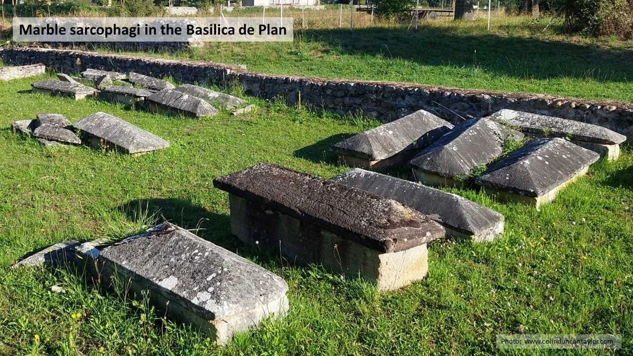 Marble sarcophagi in the Basilica de Plan, Lugdunum Convenarum.
