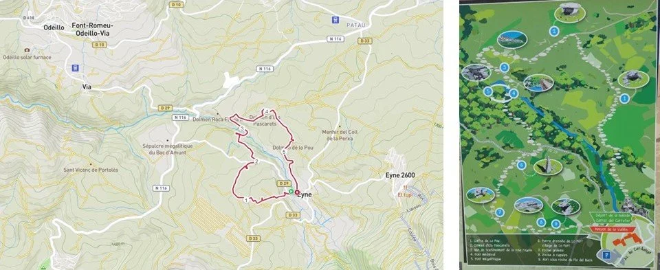 Maps of a 5km Neolithic walking route around the village of Eyne.