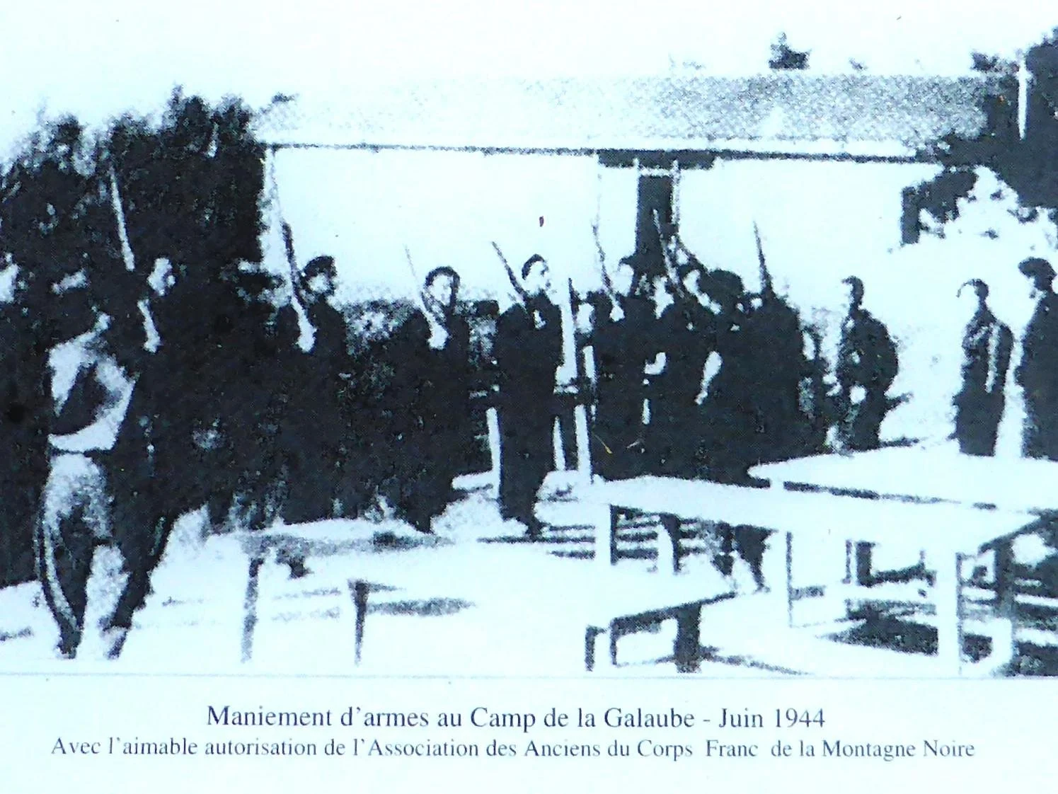 Black-and-white photograph of the French Resistance camp at La Galaube in the Montagne Noire, 1944.
