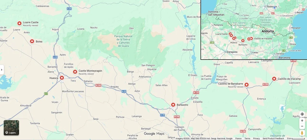 Map showing location of Loarre castle and other fortifications.