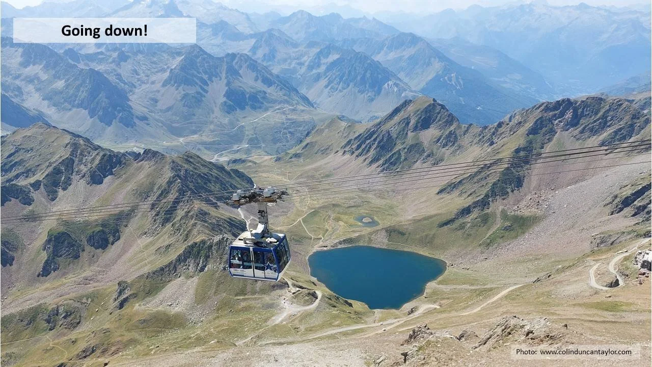A cable car descends from the Pic du Midi de Bigorre with a mountain lake and Pyrenean peaks in the background.
