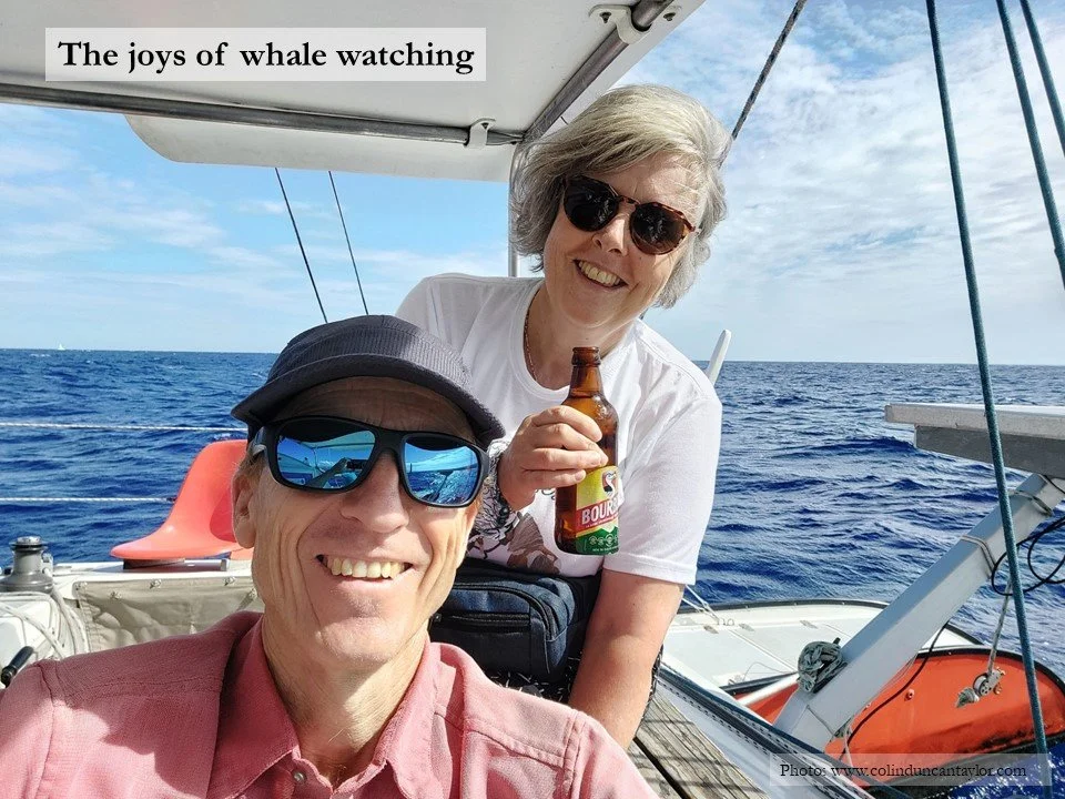 Author Colin Duncan Taylor and his wife sit at the stern of a catamaran during a whale-watching trip around the island of La Réunion.