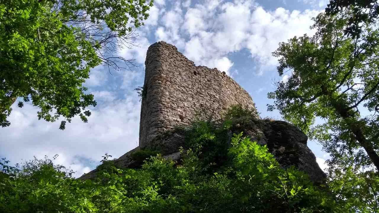 A ruined tower, once part of the fortified village of Roquefort in the Montagne Noire.