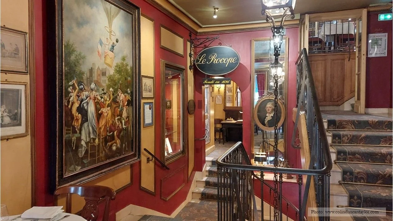 Sumptuous decoration inside Le Procope cafe, Paris.