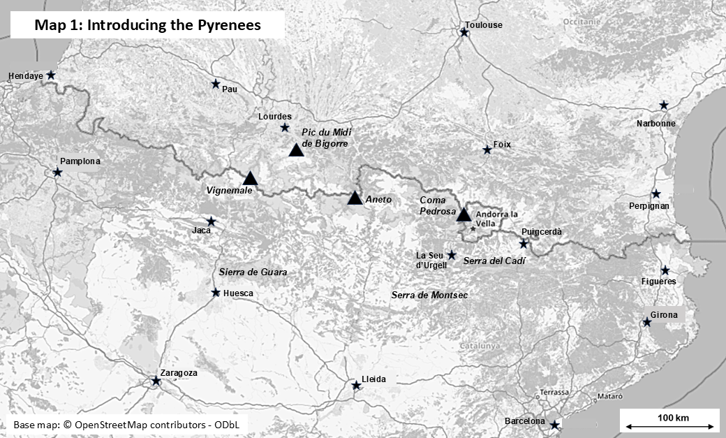 Map of the Pyrenees showing political borders, the principal cities and the highest peaks.