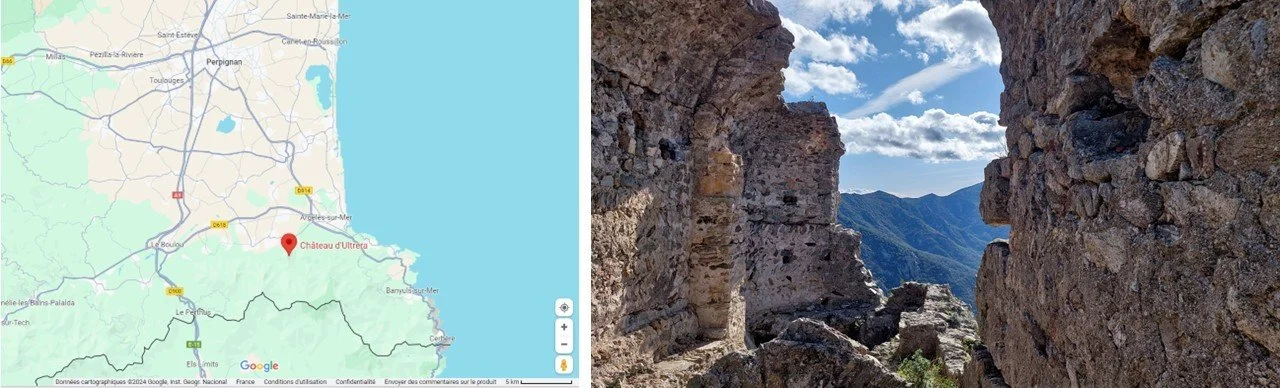Location map and inside view of the chapel  at the Château d’Ultréra in the eastern Pyrenees.