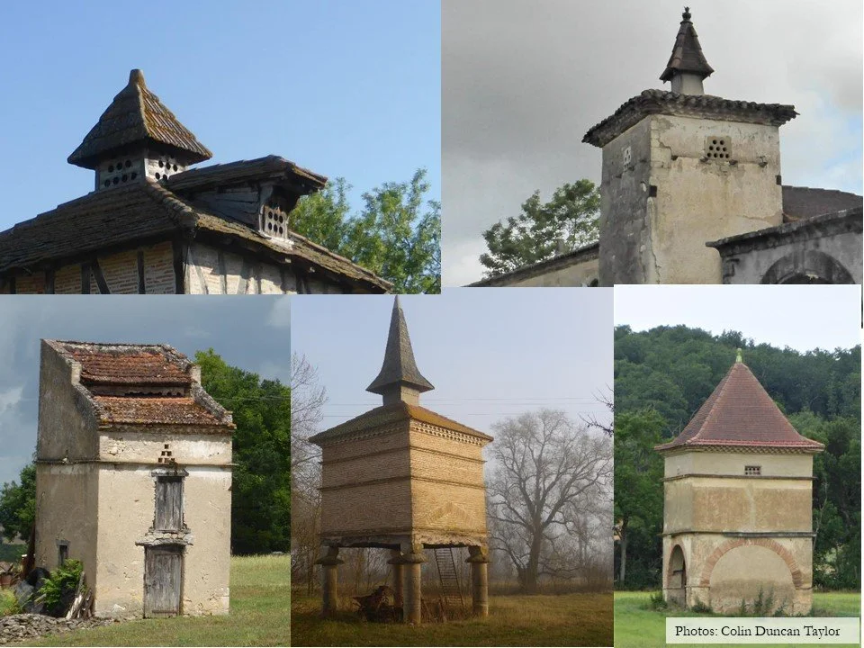 Montage showing five different styles of dovecote, or pigeonnier, found in the south of France.
