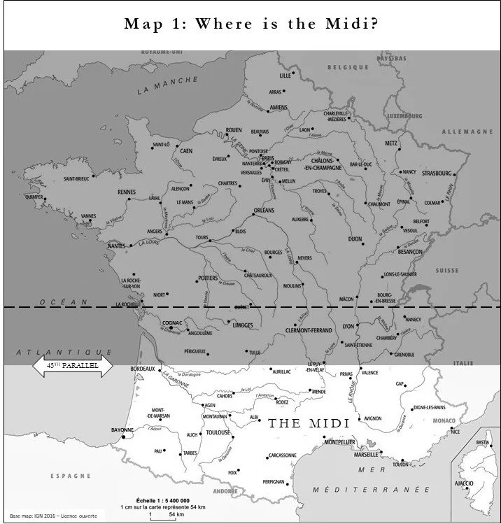 Map showing the south of France (the Midi).