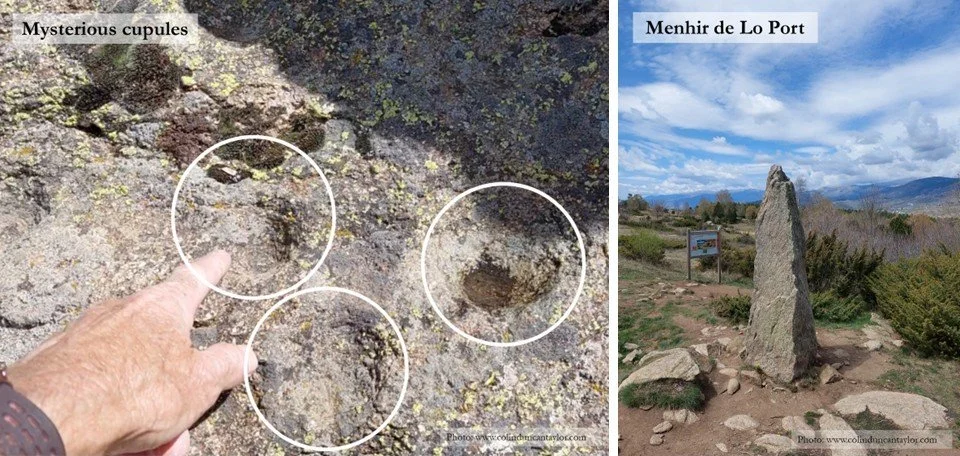 (LHS) This rock is pockmarked with cupules. Their purpose is unknown. (RHS) The Menhir de Lo Port near Eyne.