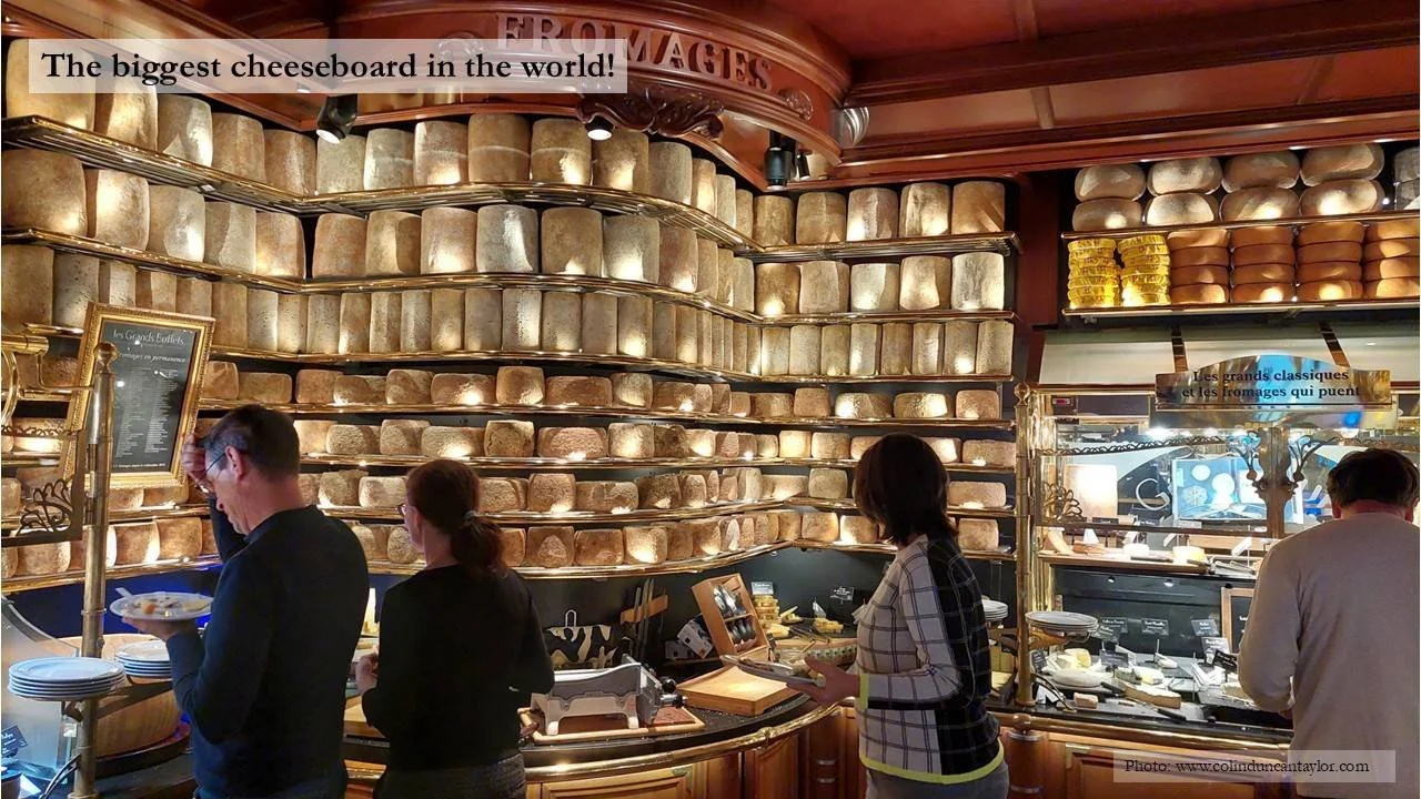 Selection of cheeses at Les Grands Buffets in Narbonne, which holds the Guinnness World Record for the largest cheeseboard.