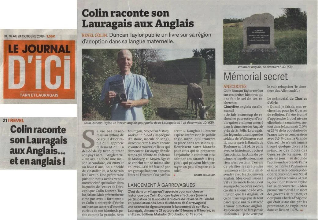 A newspaper page with an article about Colin Duncan Taylor, featuring a photograph of him holding a book outdoors, and an image of a memorial stone.