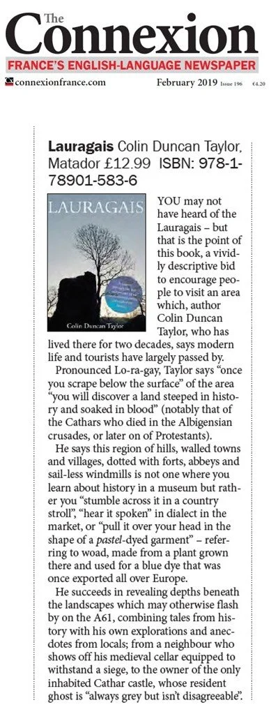 Cover of The Connexion French newspaper, February 2019, featuring a book review of 'Lauragais' by Colin Duncan Taylor, including an image of the book cover showing a tree silhouette against a blue sky.