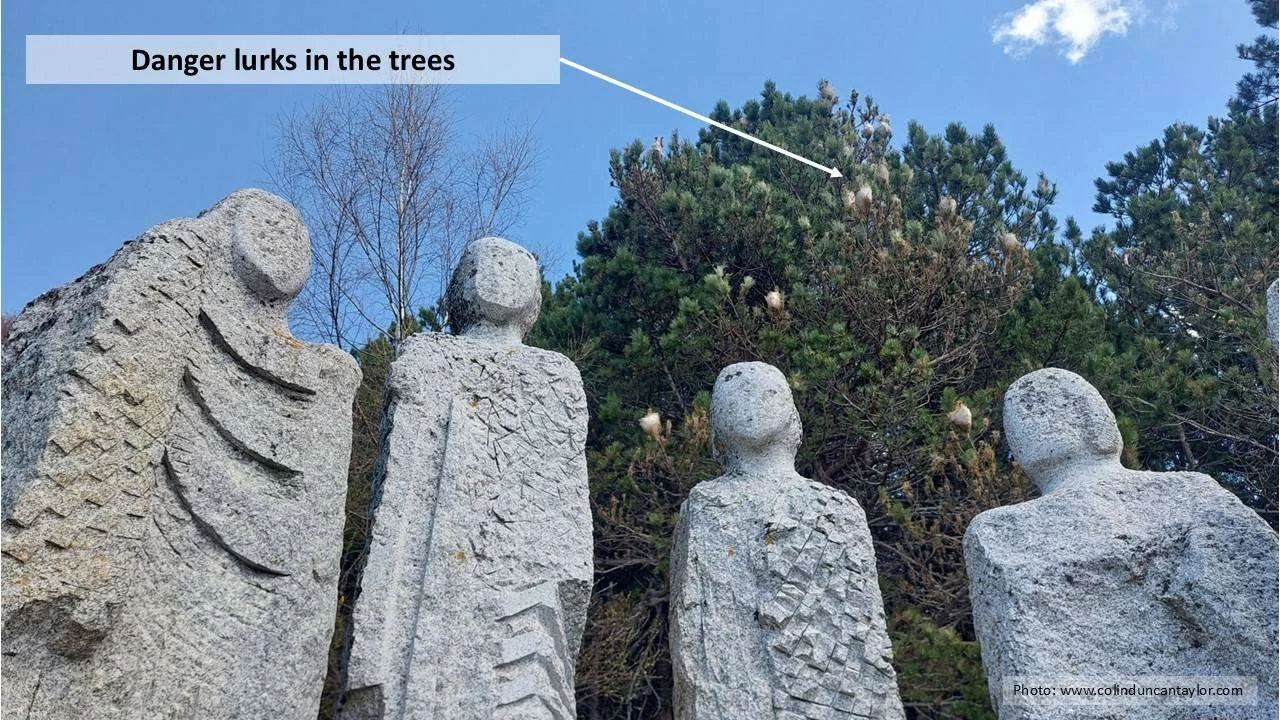 Granite figures in front of trees infested with the nests of the processionary caterpillar.