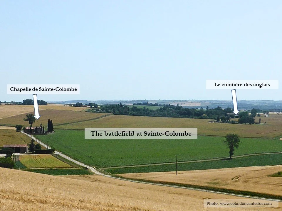 A captioned image of the field near Baziège where British and French troops clashed after the Battle of Toulouse in April 1814.