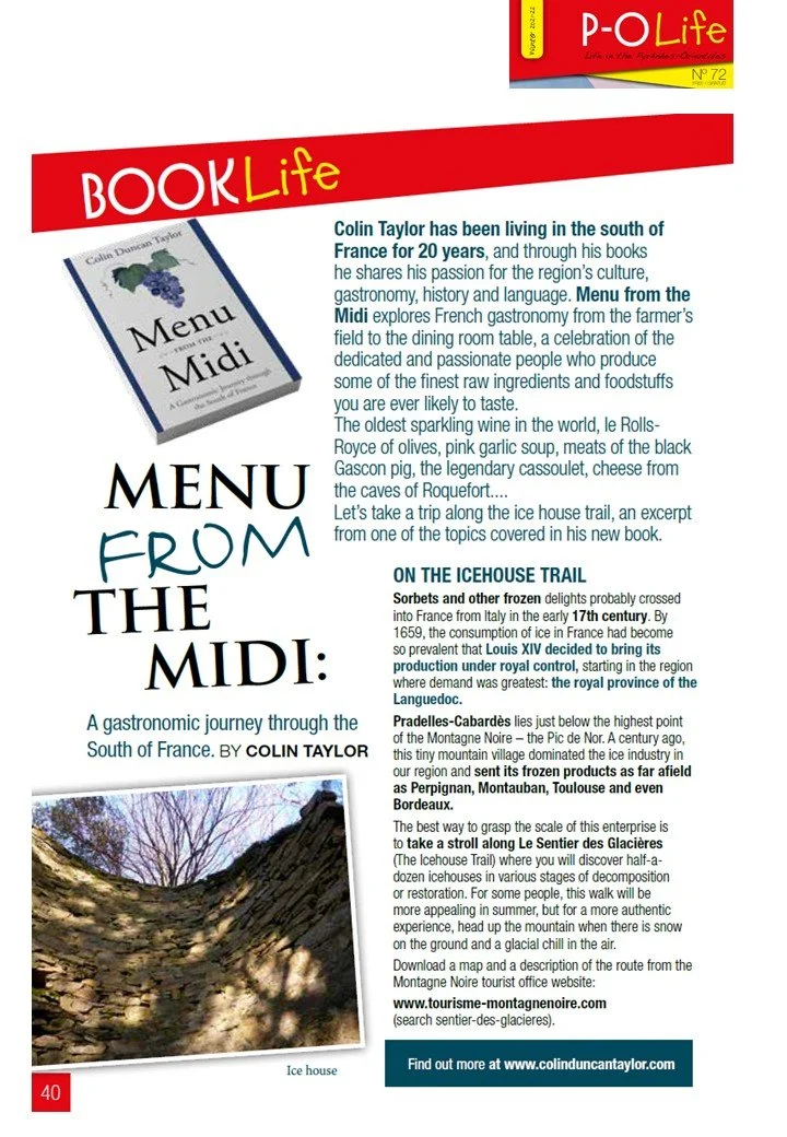 Magazine page featuring a book titled 'Menu from the Midi' and an article about food and travel in Southern France, with a small landscape photo of a mountain trail labeled 'Ice house.'