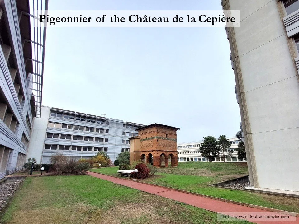 The pigeonnier, or dovecote, of the Château de la Cepière is today surrounded by modern office buildings.