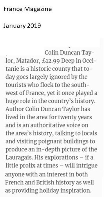 Excerpt from France Magazine, January 2019, about Colin Duncan Taylor, a historian and author who has lived in Occitanie, France, for twenty years, discussing his work and the region's history.