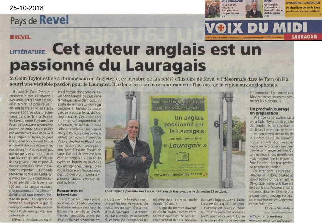 Newspaper article from October 25, 2018, highlighting British author Colin Taylor, a passionate Lauregais, with a photo of him standing outdoors at Château du Garrevaques with a green book cover promoting his book.