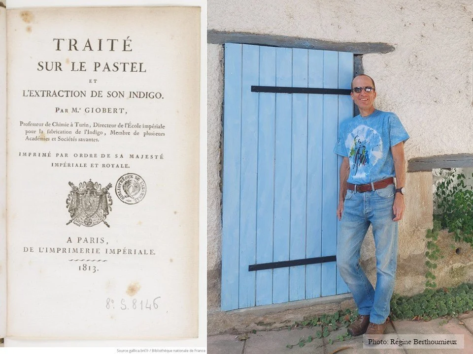 Author Colin Duncan Taylor wearing a tee-shirt died with woad, or pastel, beside a door painted with woad paint.