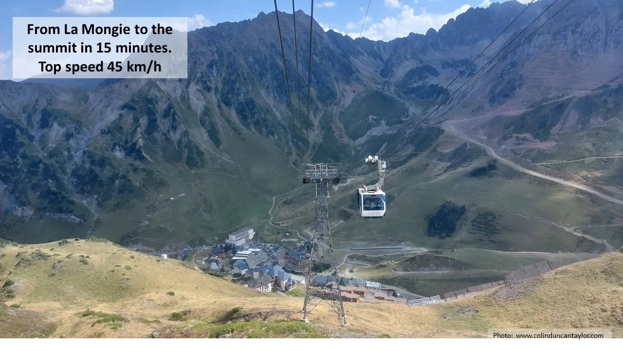 A cable car on its way from La Mongie to the summit of the Pic du Midi, a journey which takes 15 minutes.