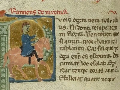 A section of illustrated manuscript which includes a sketch of Raimon de Miraval riding a pink horse.