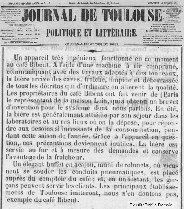1861 newspaper article about draft beer at Cafe Bibent, Toulouse.