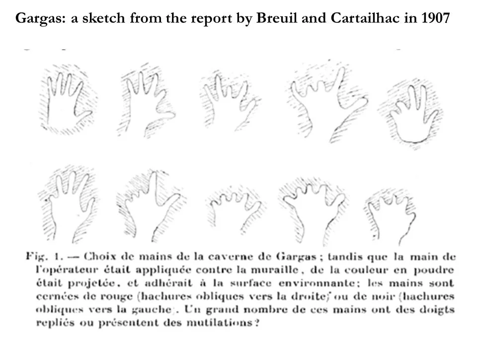 Handprints in the Grotte de Gargas sketched by Breuil and Cartailhac in 1907.