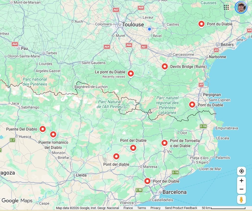 Map showing ten Devil's Bridges in or aound the Pyrenees.