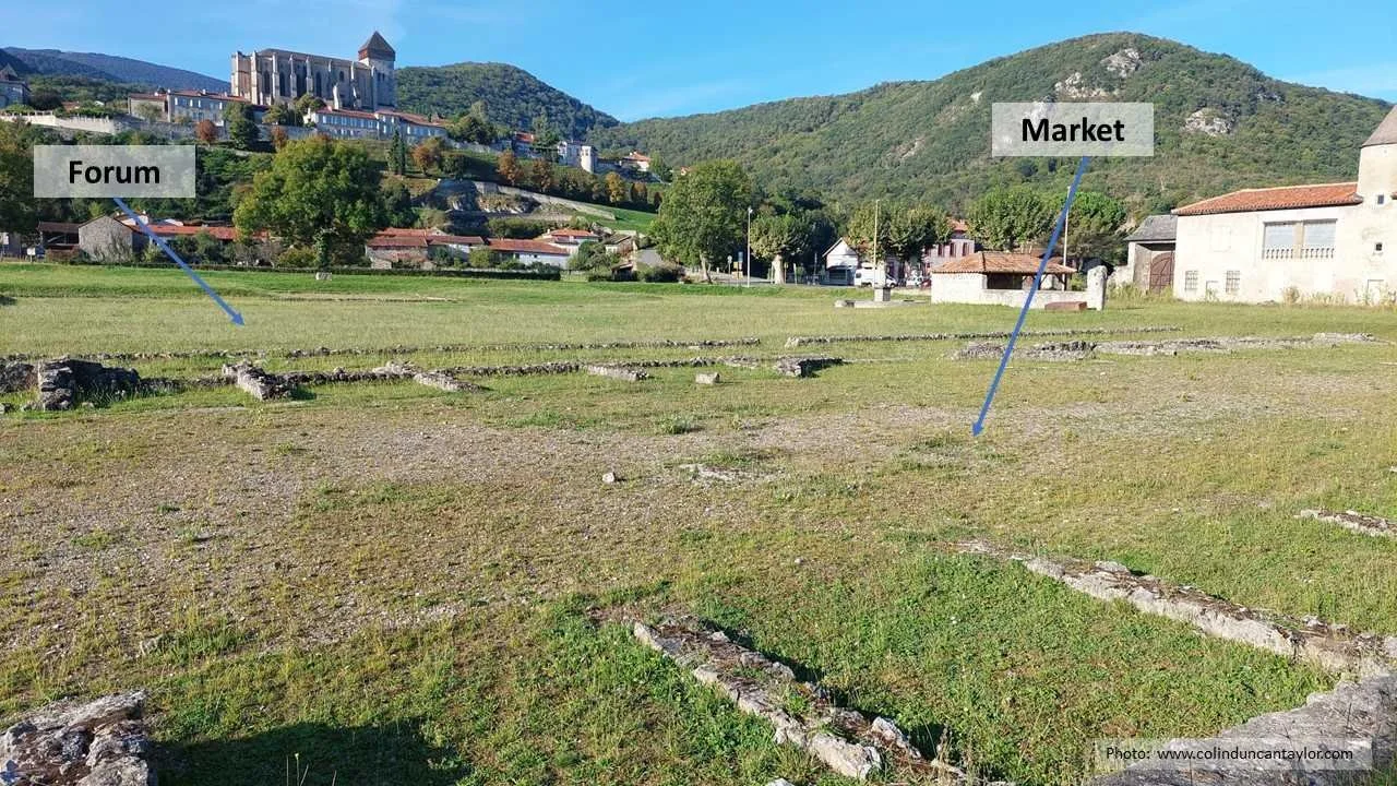 The ruins of the forum and market in the Roman city of Lugdunum Convenarum.