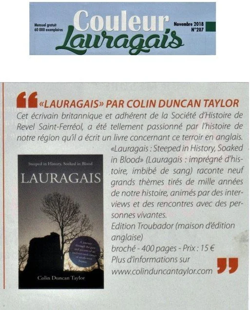 Page from a magazine or newsletter titled 'Couleur Lauragais' from November 2018, featuring a book review of 'Lauragais' by Colin Duncan Taylor, with an image of the book cover showing a tree and the book's title.