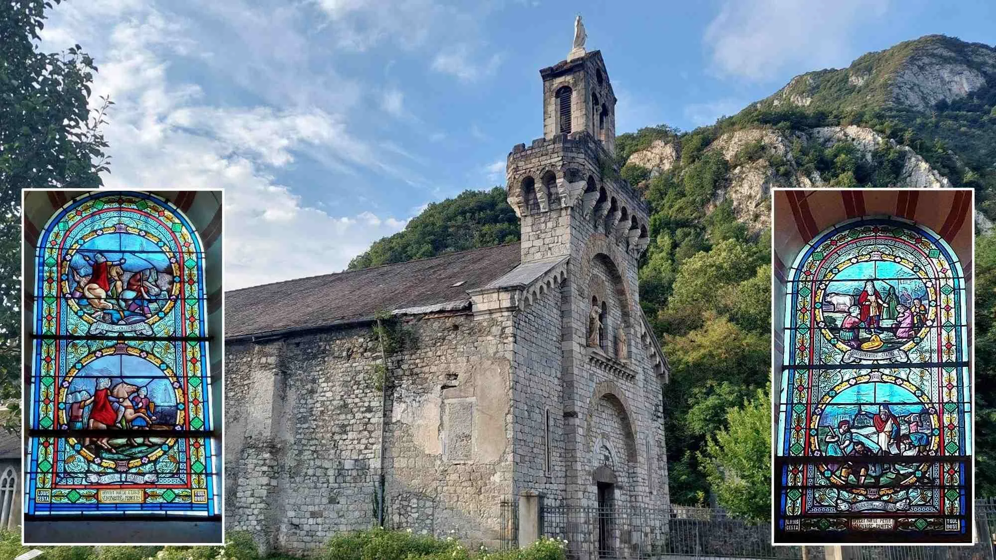 View of the church of Notre Dame de la Victoire du Sabart, with insets of its stained glass windows.