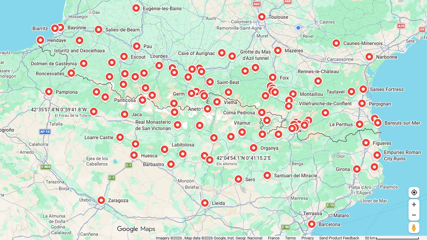 Map of the Pyrenees showing places explored by the book 'The Pyrenees A Human History'.