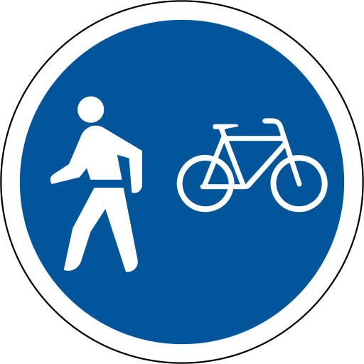 Blue circular traffic sign with a pedestrian and a bicycle symbol indicating a shared path