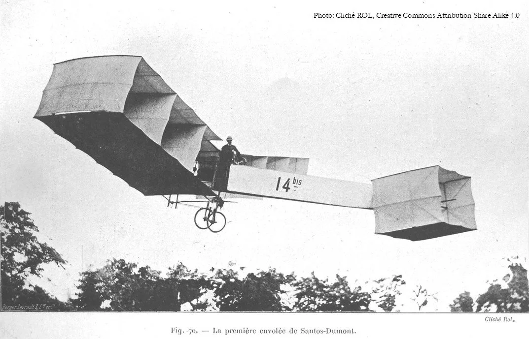Alberto Santos-Dumont flying a 14-bis aircraft in Paris in 1906.