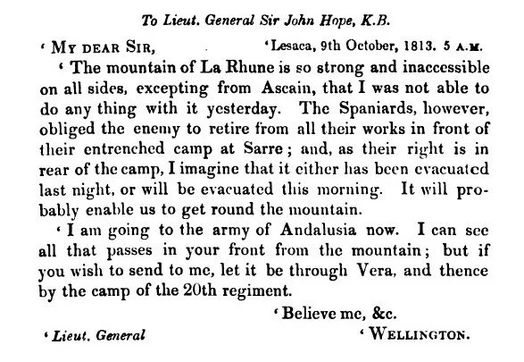 Text of a letter written by the Duke of Wellington after his attack on La Rhune in 1813.