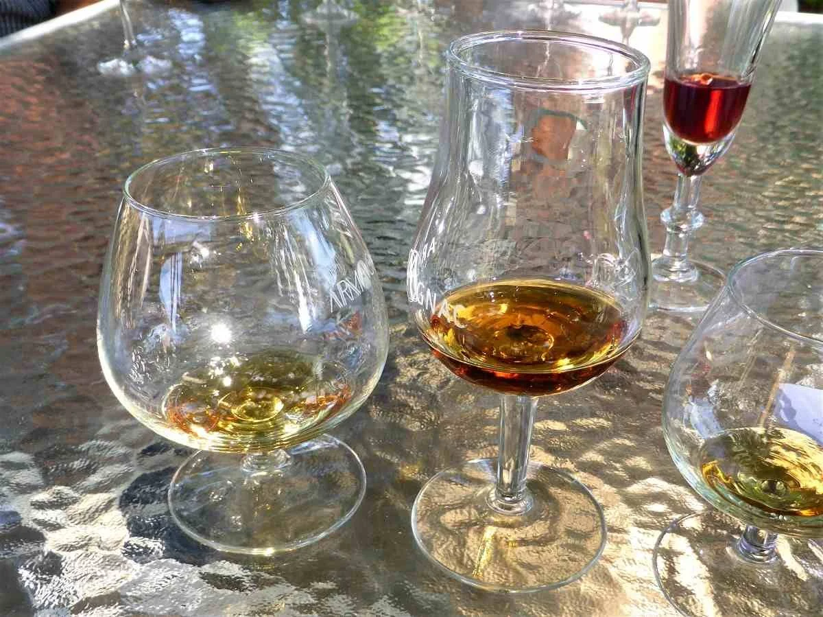 Three glasses each containing a different vintage of Armagnac brandy.