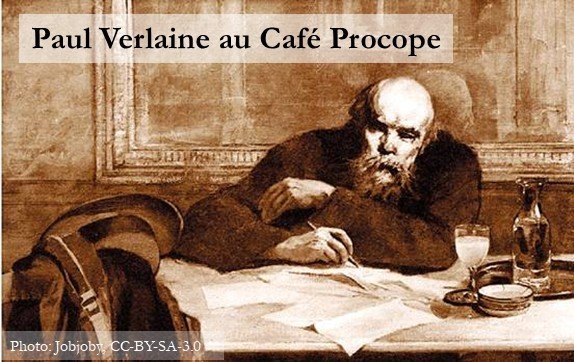 Poet Paul Verlaine at work in Le Procope cafe, Paris.