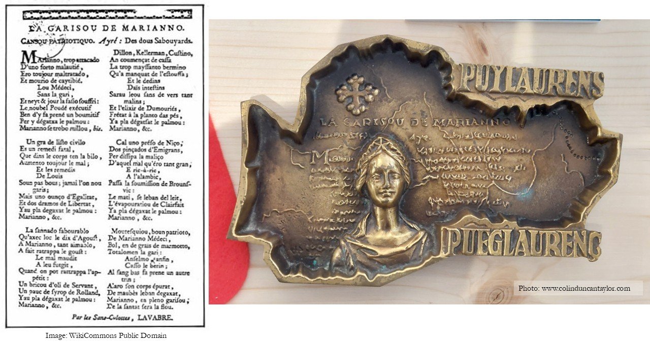 Text of the song ‘The cure of Marianne’  alongside a commemorative of Marianne, symbol of the French Republic.