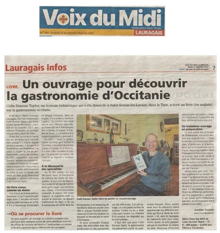 Front page of La Voix du Midi Lauraguais newspaper featuring a headline about a book on Occitan gastronomy, with a photo of Colin Duncan Taylor smiling and holding the book in a room with a piano and a person climbing on the piano.
