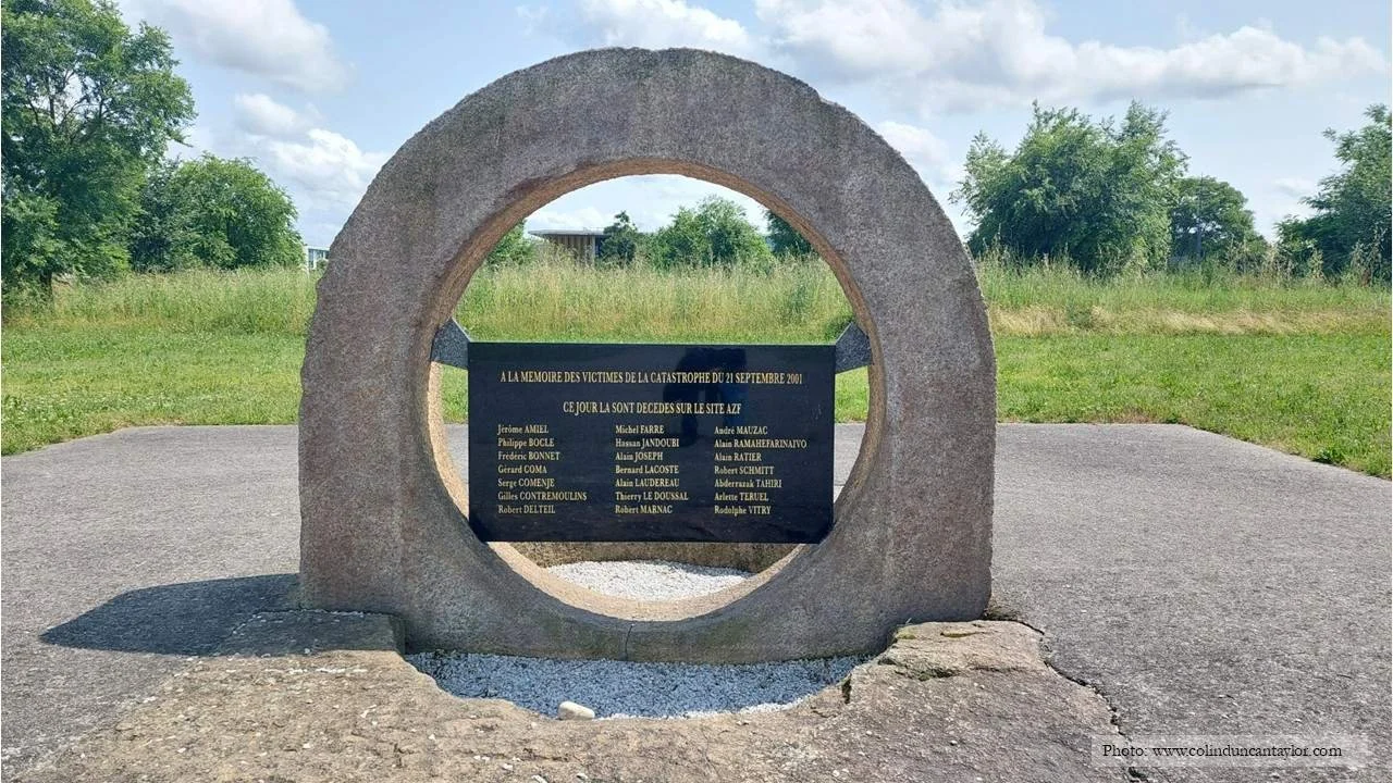 Commemorative plaque with the names of those who died as a result of the AZF fertiliser factory explosion in 2001.